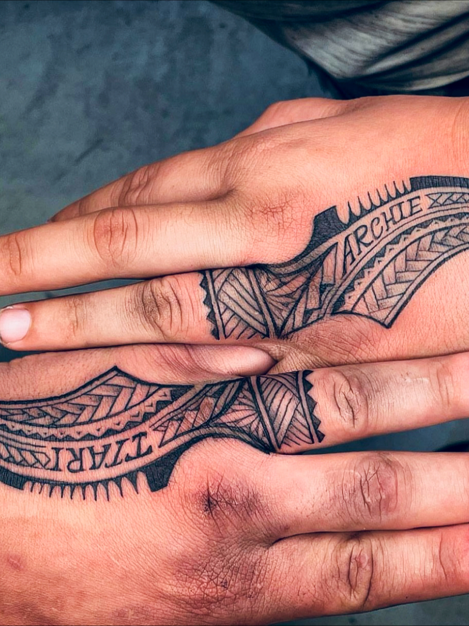 Matching Polynesian hand tattoos with custom name script