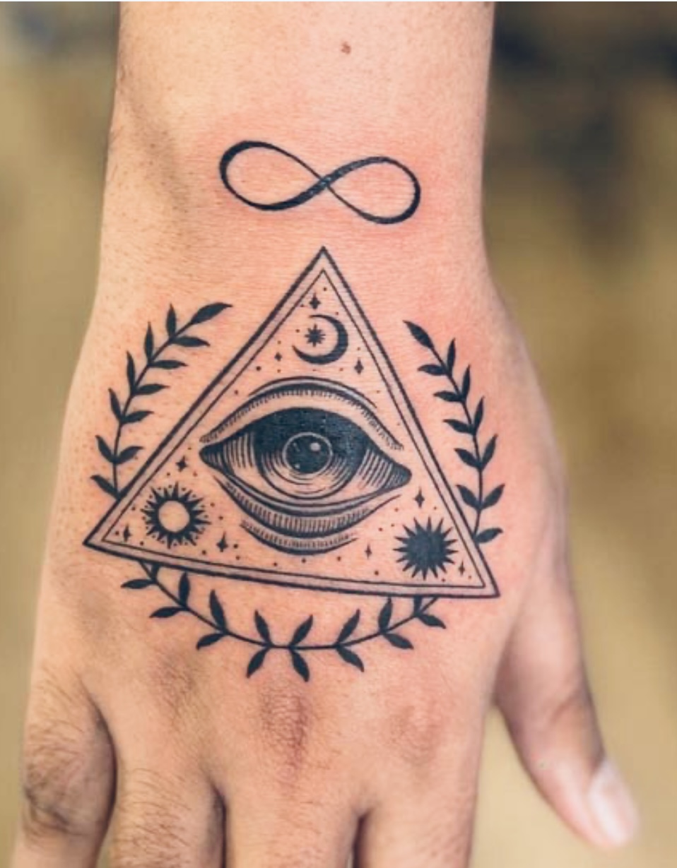 All-seeing eye pyramid hand tattoo with infinity symbol